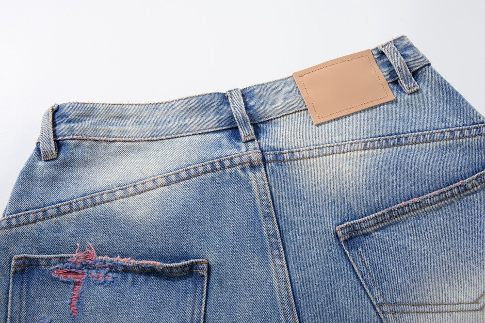 Washed Damage Graphic Denim Half Jeans WN28002