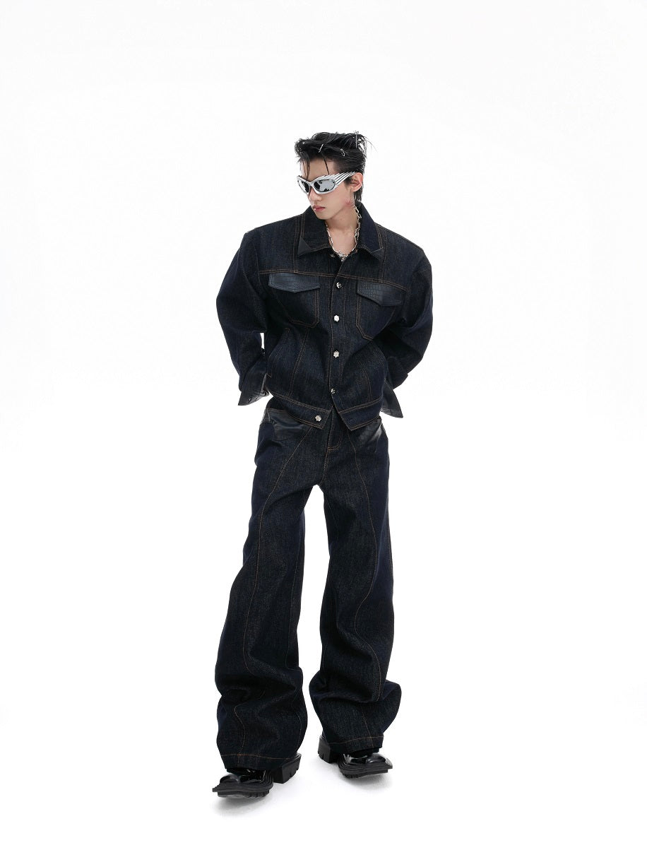 Crocodile Pattern PU Leather Mix Denim Jacket & PU Leather Mix Denim Jeans Setup WN20524