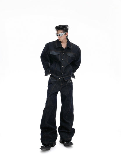 Crocodile Pattern PU Leather Mix Denim Jacket & PU Leather Mix Denim Jeans Setup WN20524