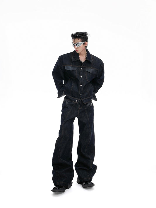 Crocodile Pattern PU Leather Mix Denim Jacket & PU Leather Mix Denim Jeans Setup WN20524