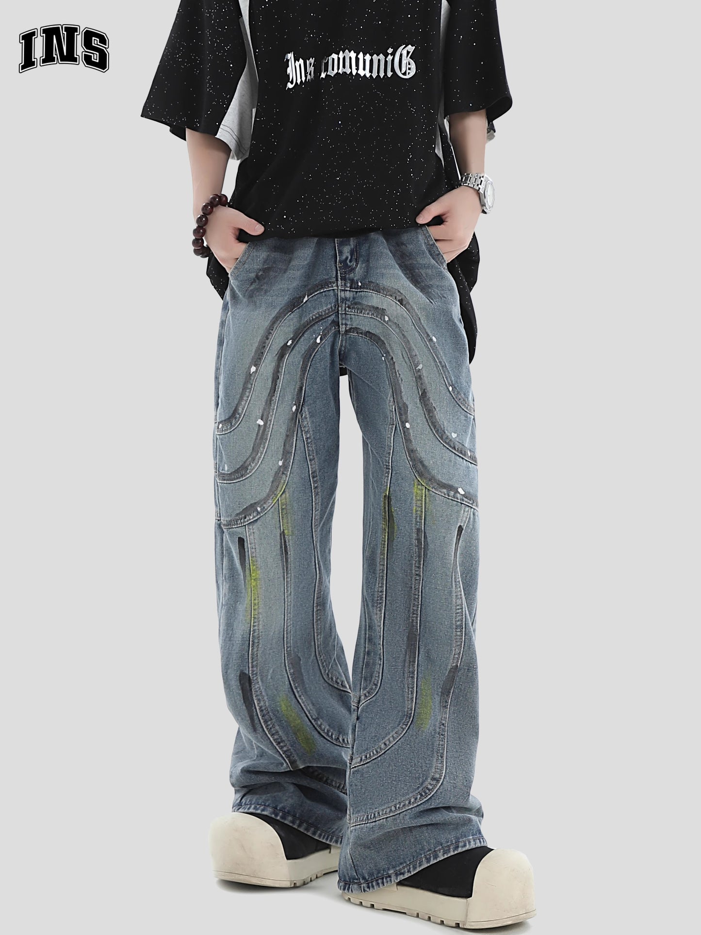 Splash Ink Pressed Wide-Leg Straight Denim Jeans WN7183