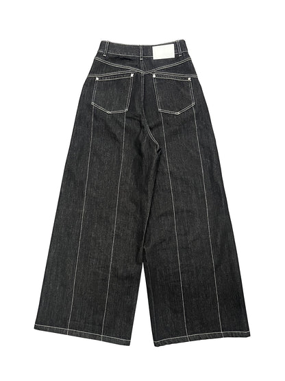 Black Wide Leg Cross Back Pocket Design Denim Jeans WN18963