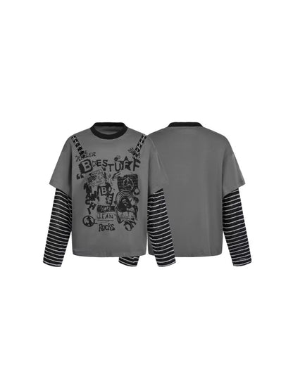 Fake Layered Studs Graphic Long Sleeve T-Shirt WN27820