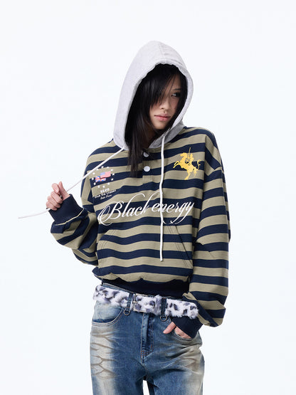 Stripe Print Drawstring Oversize Pullover Hoodie WN27361