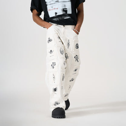 Deconstructed Sketch Applique Print Wide Leg Denim Jeans WN27884