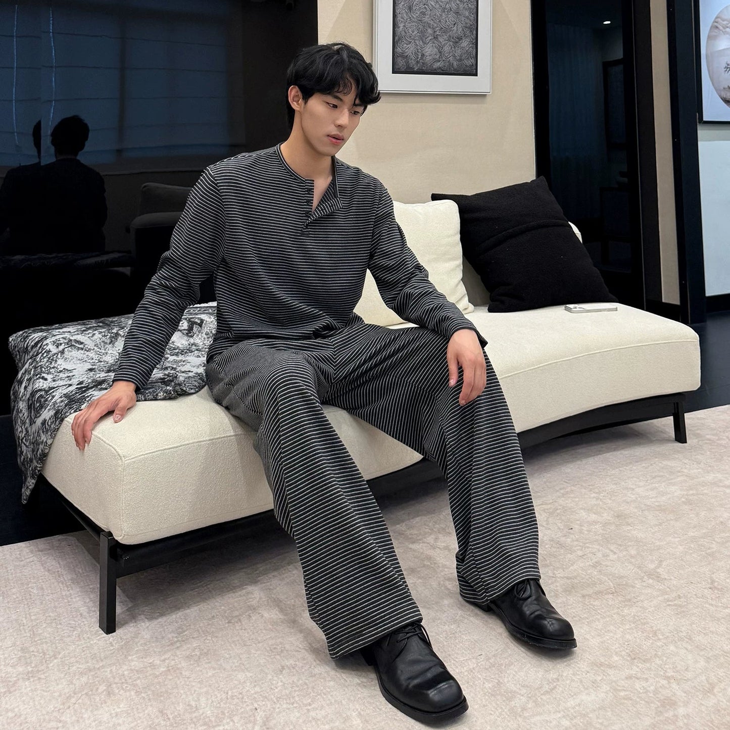 Stripe Henley Collar Long Sleeve T-Shirt & Elastic Waist Wide Leg Pants Setup WN24865
