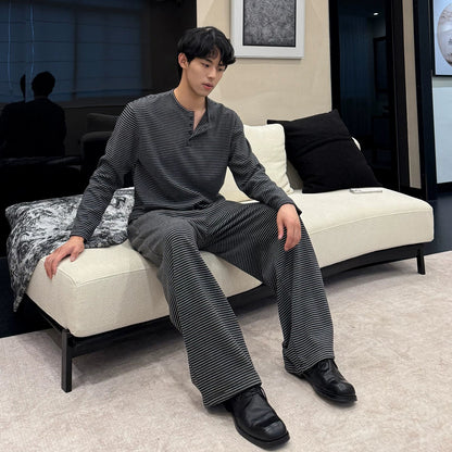 Stripe Henley Collar Long Sleeve T-Shirt & Elastic Waist Wide Leg Pants Setup WN24865
