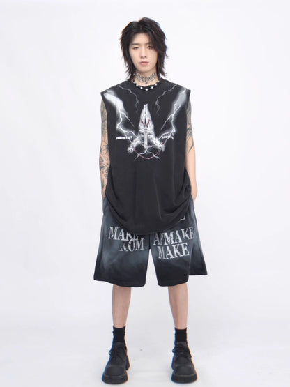 Oversize Graffiti Print Washed Sleeveless T-shirt WN6561