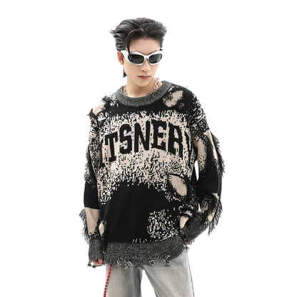 Jacquard Damage Design Round Neck Oversize Knit Sweater WN10287