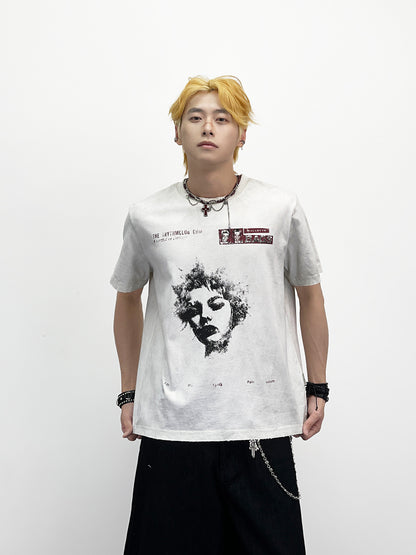 Portrait Print Wash Damage Short Sleeve T-Shirt WN24265