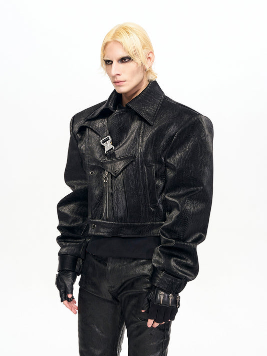 Metal Buckle Leopard PU Leather Short Jacket WN22162