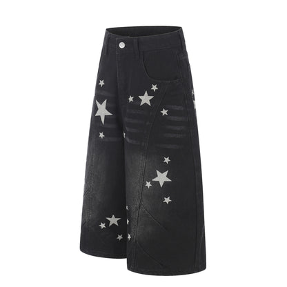 Curved Star Wide Leg Denim Short Pants WN25599