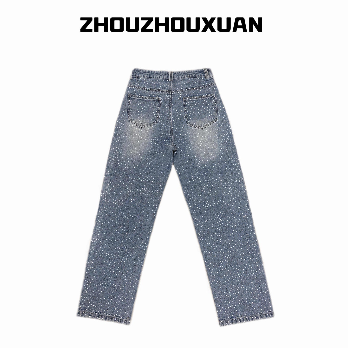 Rhinestone Star Wash Straight Denim Jeans WN20696