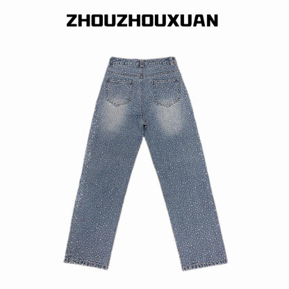 Rhinestone Star Wash Straight Denim Jeans WN20696