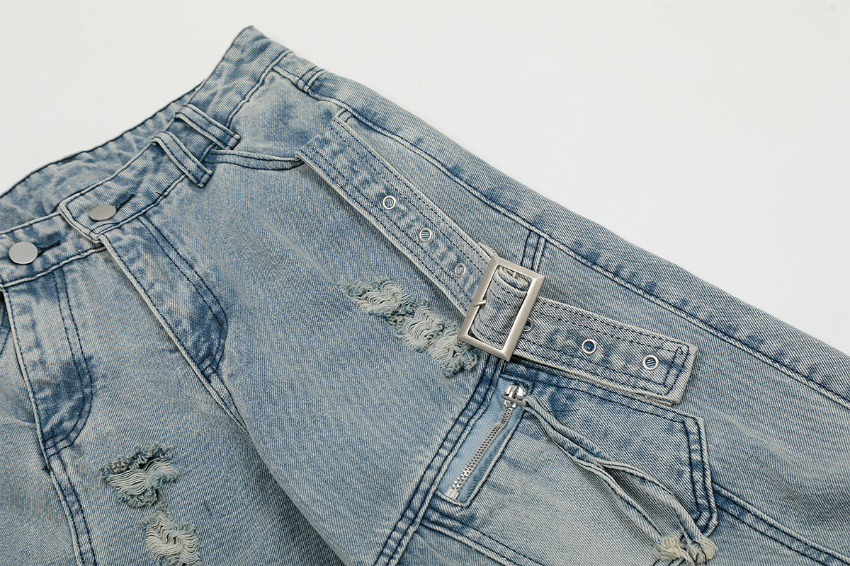 Washed Curved Multi Pocket Wide Leg Cargo Denim Jeans WN25736