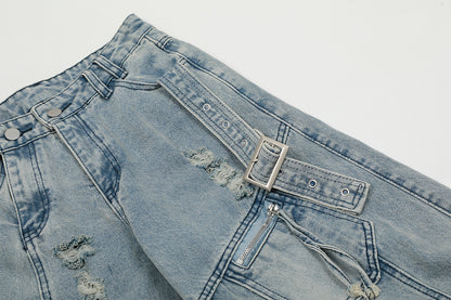 Washed Curved Multi Pocket Wide Leg Cargo Denim Jeans WN25736