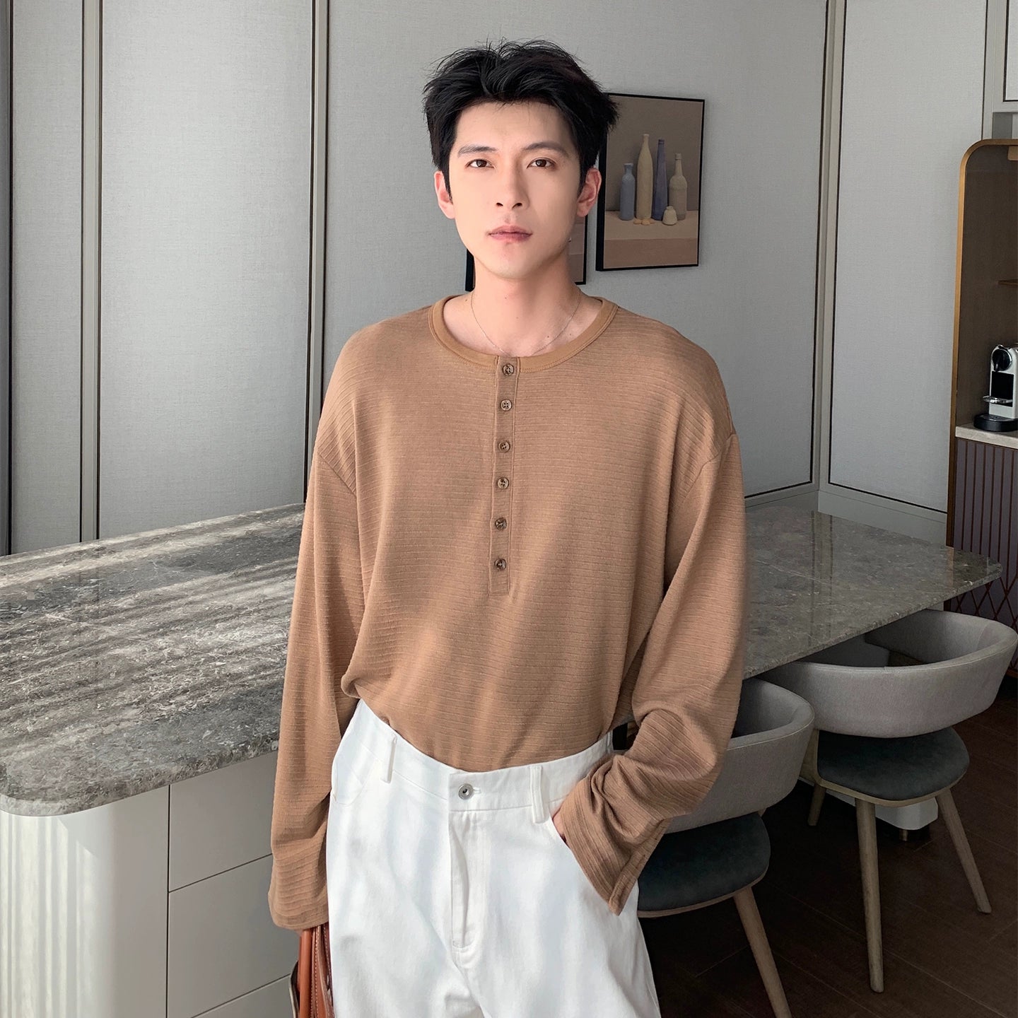 Wrinkle-Free Henry Neck Long Sleeve T-Shirt WN20476