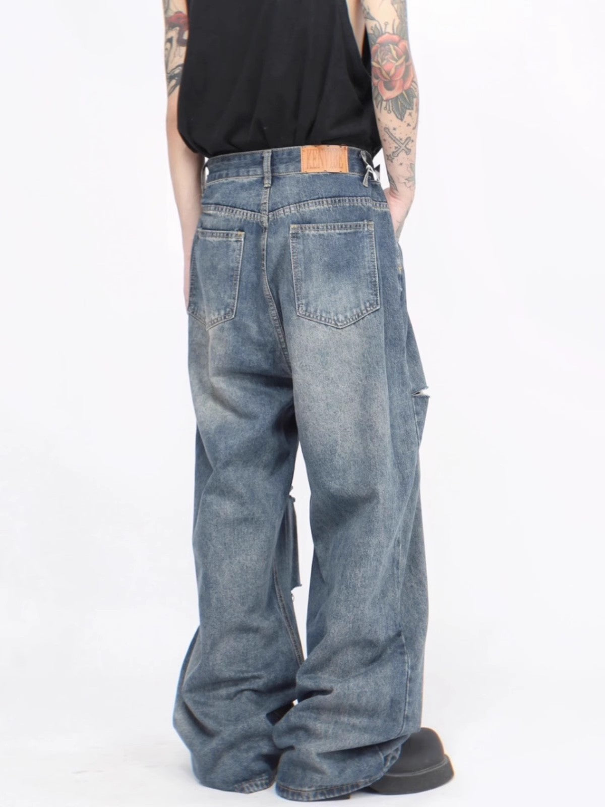 Washed Knife Cut Wide-Leg Straight Denim Jeans WN6943