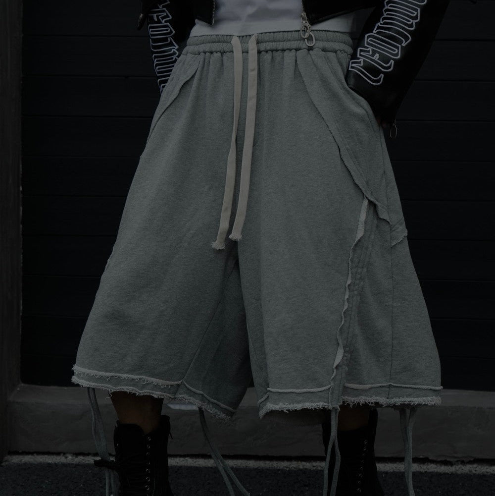 Heavyweight Washed Frayed Strap Wide Leg Half Pants WN27876