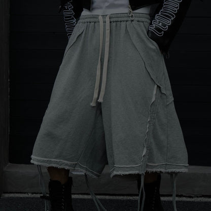 Heavyweight Washed Frayed Strap Wide Leg Half Pants WN27876