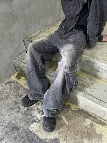 Washed Cargo Wide Leg Denim Jeans WN21168