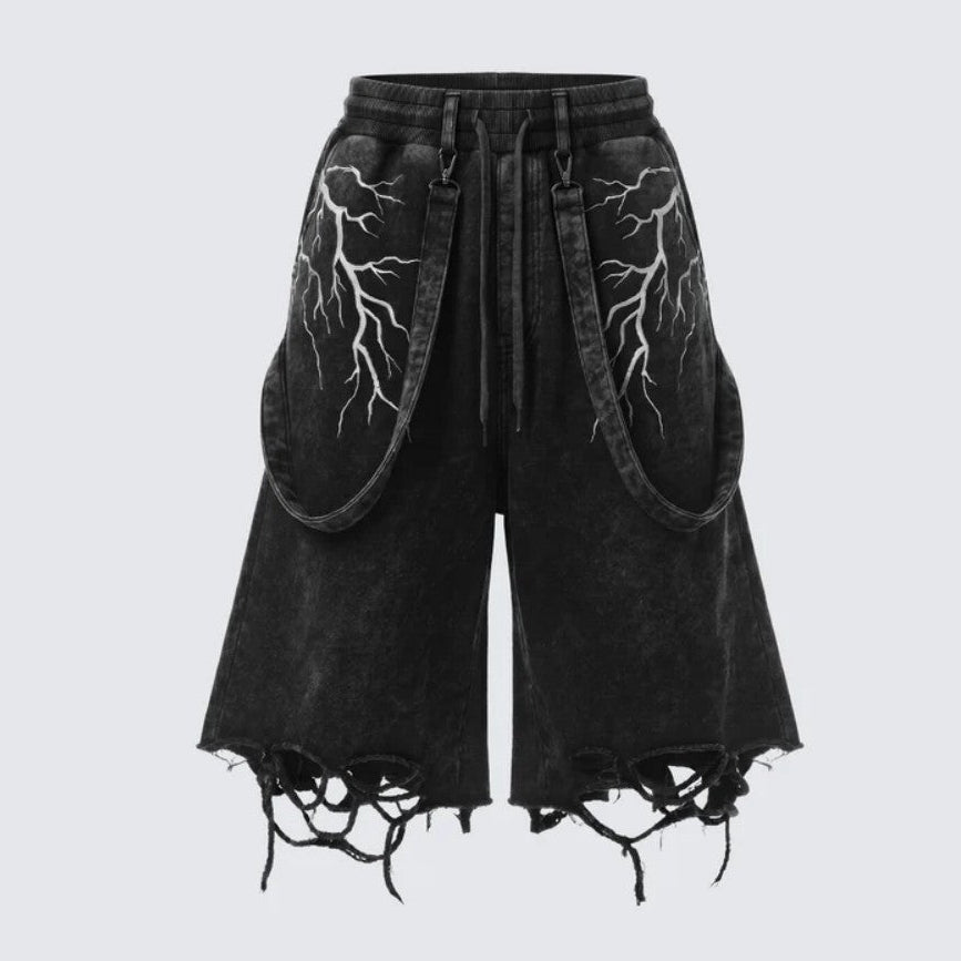 Lightning Print Damage Frayed Denim Half Jeans WN28046