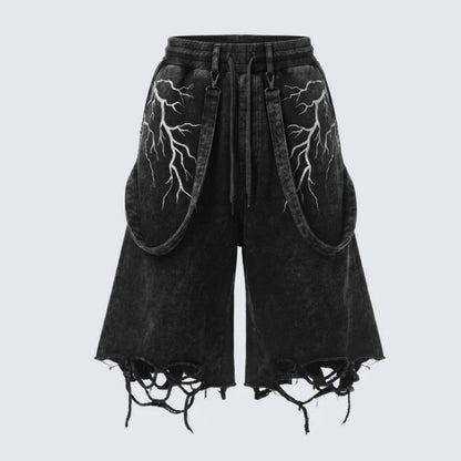 Lightning Print Damage Frayed Denim Half Jeans WN28046