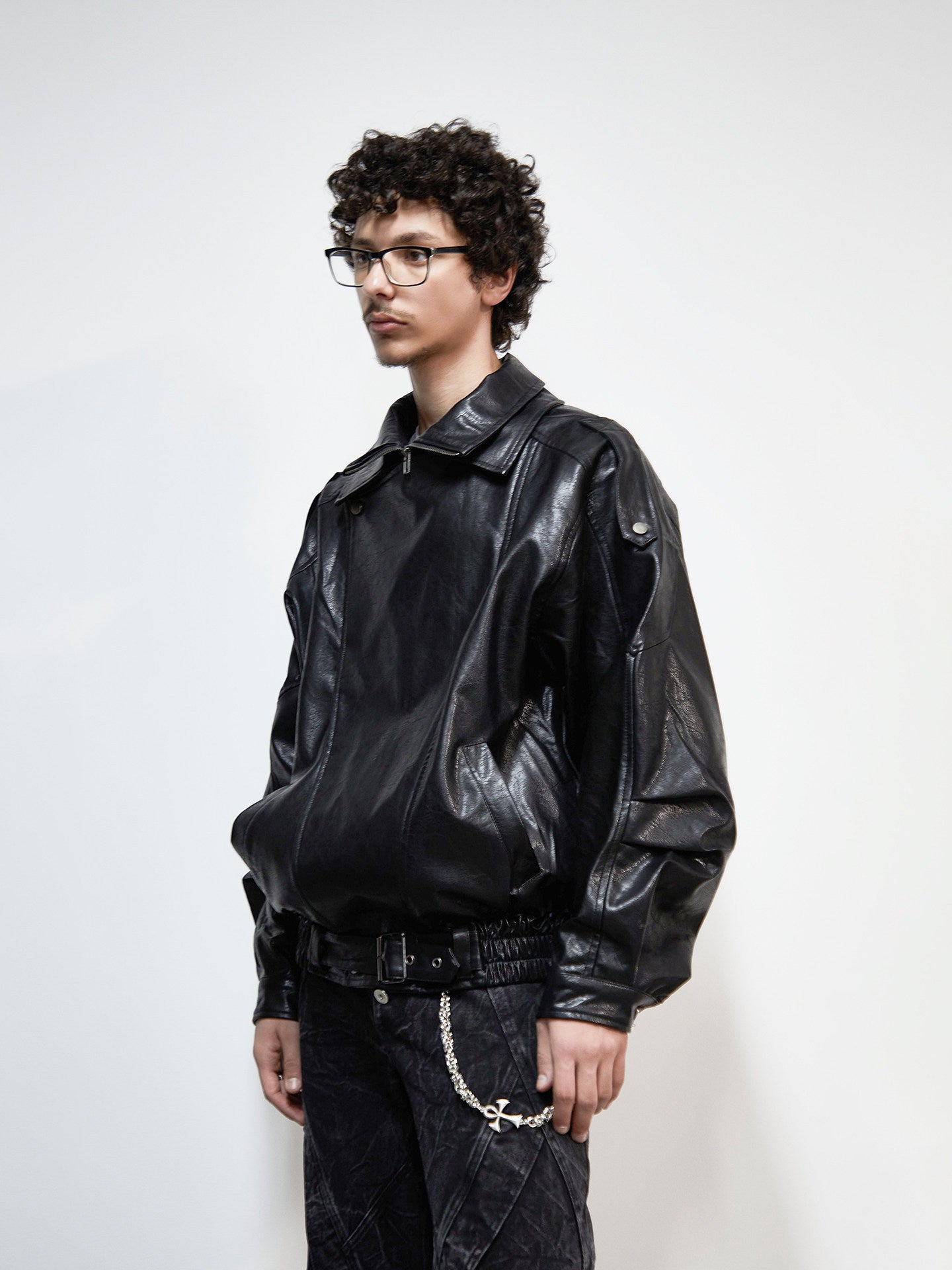 PU Leather Lapel Collar Utility Short Jacket WN22925