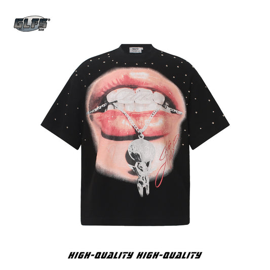 Studs Lip Skull Graphic Short Sleeve T-Shirt WN26419