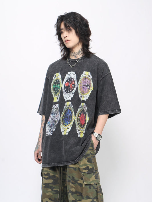 Oversize Vintage Wash Watch Graphic Short Sleeve T-Shirt WN24436