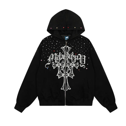 Rhinestone Cross Design Zipper Hoodie WN23057