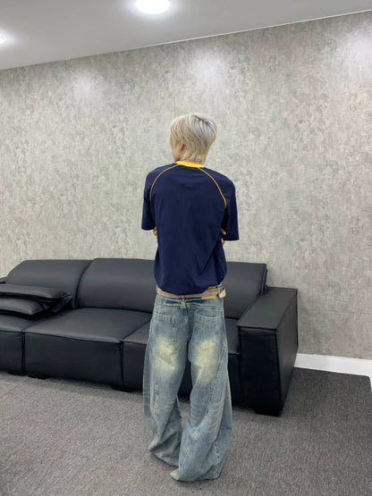 Curved Line Washed Wide Leg Denim Jeans WN22192