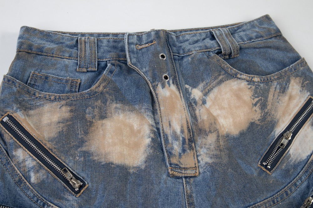Bleached Damage Multi-Pocket Wide Leg Denim Jeans WN27797
