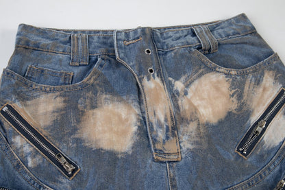 Bleached Damage Multi-Pocket Wide Leg Denim Jeans WN27797