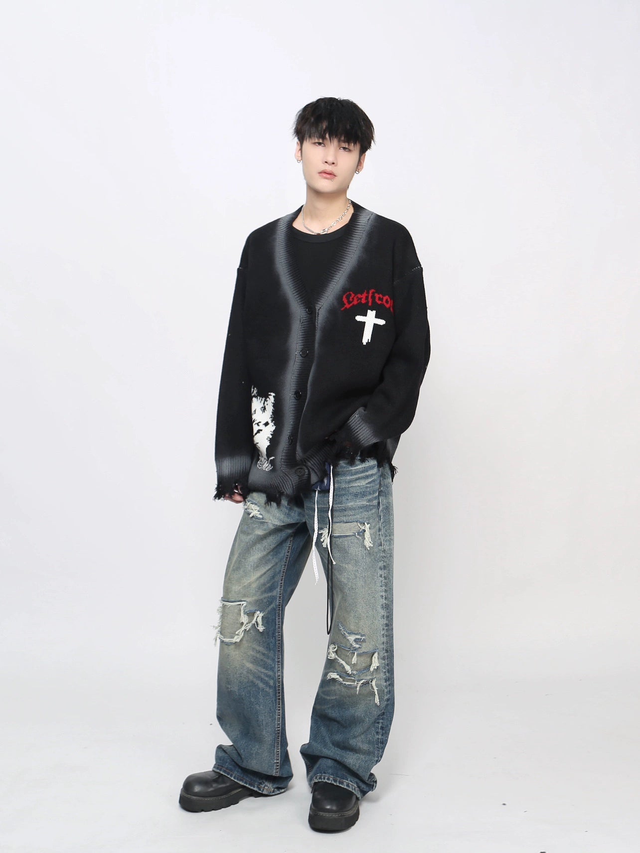 Spray Paint Zipper Damage Knit Cardigan WN21054