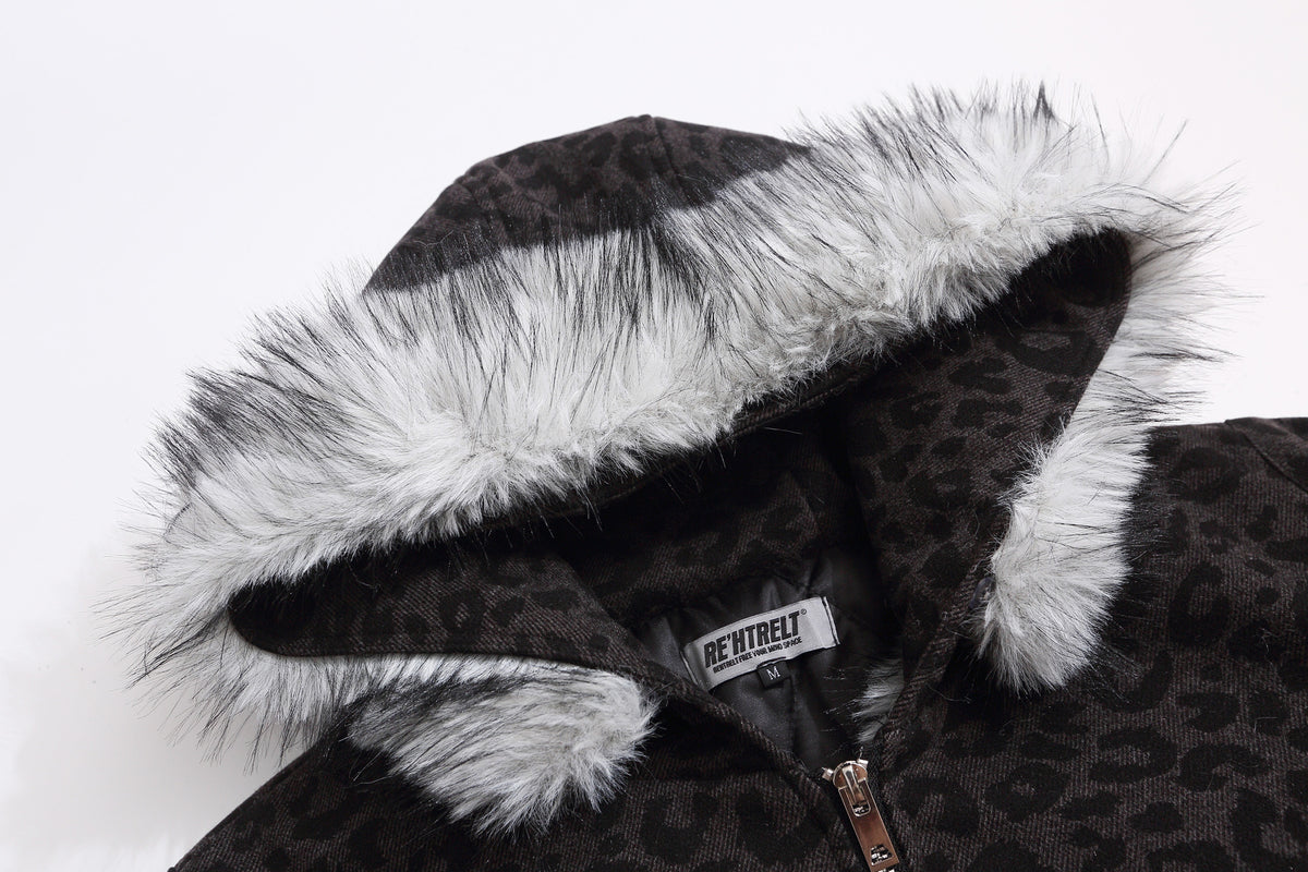 Leopard Print Fake Fur Trim Hooded Oversize Puffer Jacket WN27919