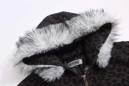 Leopard Print Fake Fur Trim Hooded Oversize Puffer Jacket WN27919