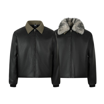 Detachable Fake Fur Collar PU Leather Zipper Jacket WN21921