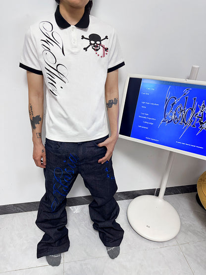 Polo Collar Skull Graphic Print Short Sleeve Shirt WN27172
