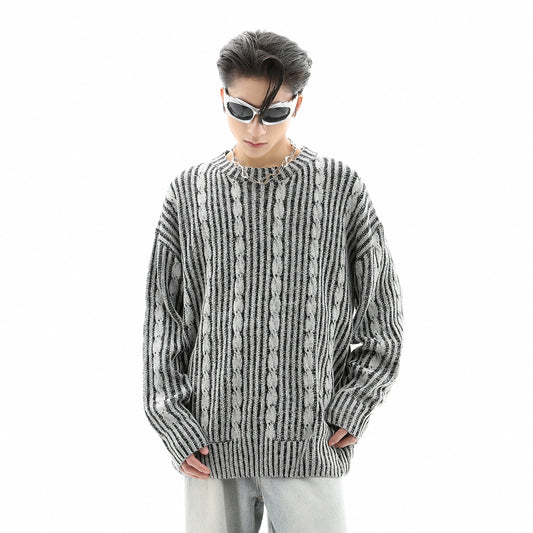 Cable Stripe Round Neck Oversize Knit Sweater WN10275