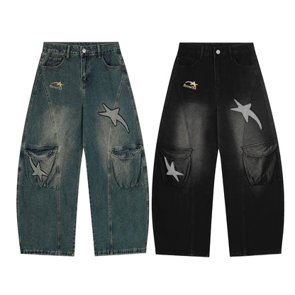 Washed Embroidery Wide Leg Denim Jeans WN25406