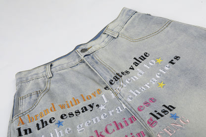 Letter Star Print Denim Half Jeans WN25412