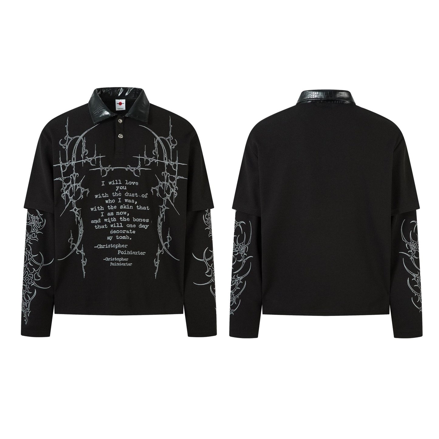 PU Leather Collar Thorn Print Fake Layered Long Sleeve Polo Shirt WN25550