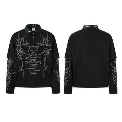 PU Leather Collar Thorn Print Fake Layered Long Sleeve Polo Shirt WN25550
