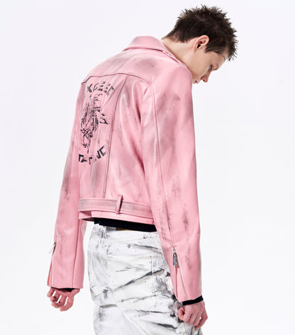 War Horse Print Damage Leather Jacket WN23278