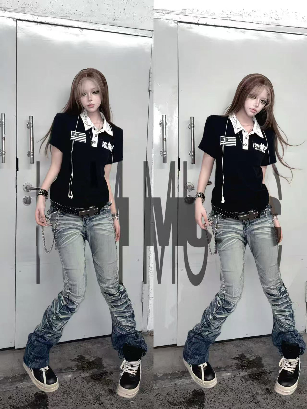 Stud Button Whisker Damage Denim Jeans WN27351