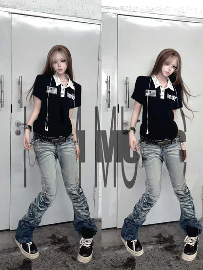 Stud Button Whisker Damage Denim Jeans WN27351