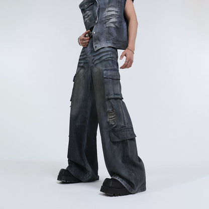 Asymmetrical Denim Vest & Wide Leg Cargo Denim Jeans Setup WN7332