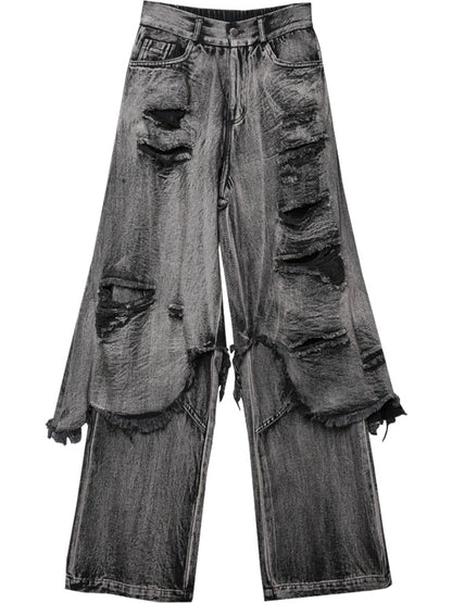 Tactical Fake Layered Damage Fringe Denim Jeans WN22418