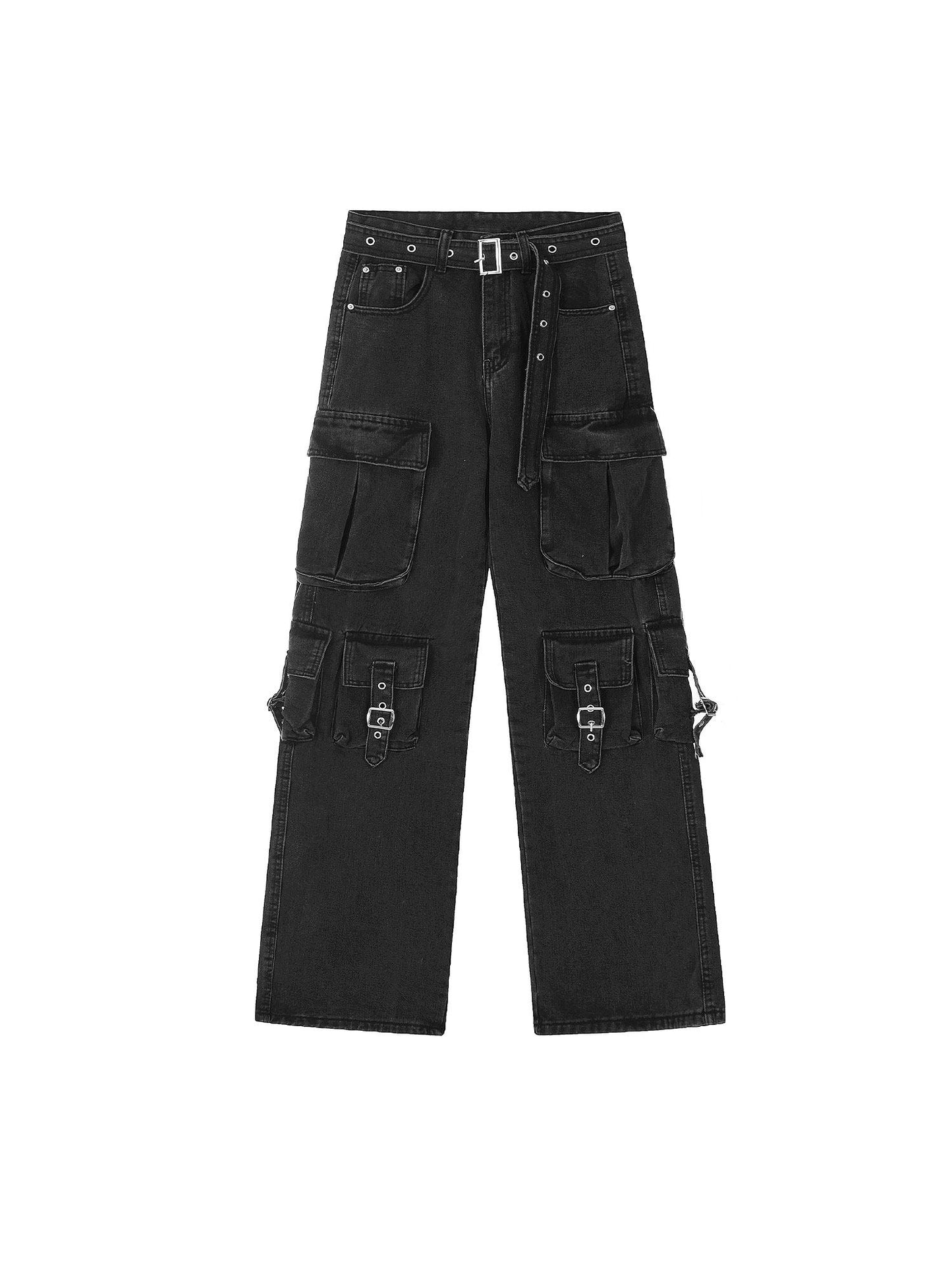Multi-Pocket Washed Wide Leg Cargo Denim Jeans WN24220